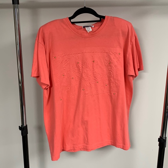 Vintage Coral Puffed Up Sun with Gold Studs T-Shirt with Shoulder Pads OS - Picture 1 of 6